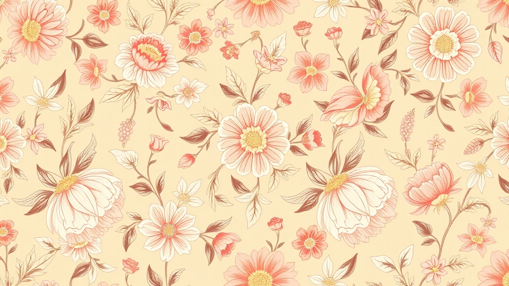 The image depicts a seamless pattern of beautifully illustrated flowers against a soft, beige background. The flowers are predominantly in shades of pink and white with hints of red and subtle green leaves. The delicate lines and pastel colors give the image a vintage, elegant feel, making it suitable for use in design projects requiring a classic floral pattern.