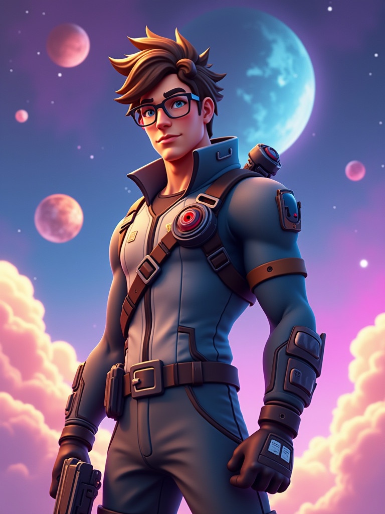 Stylized male character stands confidently against cosmic backdrop. Vibrant planets fill the scene. Character wears high-tech futuristic clothing. Fluffy brown hair complements the striking outfit. Holding a weapon ready for action. Clouds create dramatic effect in space.