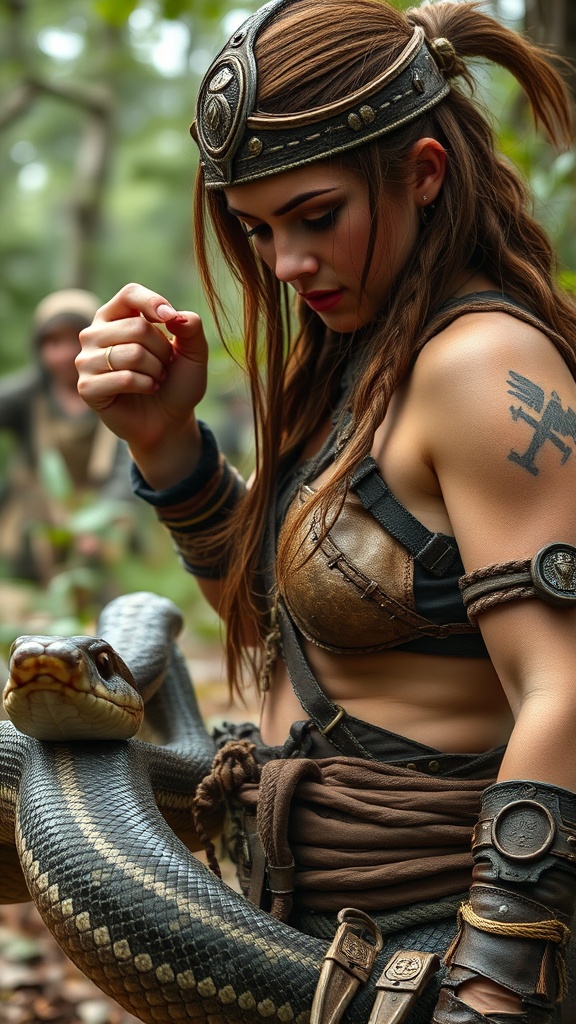 The image depicts a fierce warrior woman adorned in detailed leather armor and a metal headpiece. Her long brown hair flows elegantly, and she confidently interacts with a large snake wrapped around her. The lush greenery in the blurred background adds a mystical forest setting, enhancing the sense of adventure and strength.