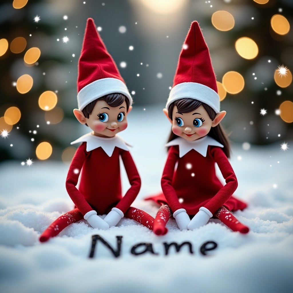 This enchanting image depicts two cheerful Elf on the Shelf figurines sitting together in a snowy landscape. One elf is a boy, the other a girl, both wearing classic red outfits with pointed hats. They are deeply focused on writing names displayed in the snow before them. Soft, whimsical snowflakes gently fall around them, creating a magical atmosphere. In the background, twinkling string lights and softly lit trees enhance the cozy holiday spirit, evoking warmth and joy. This scene is perfect for celebrating Christmas traditions and family gatherings.