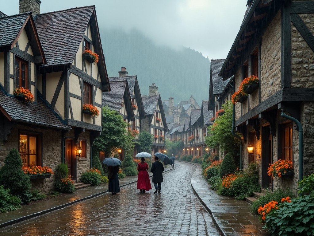 The image portrays a quaint, cobblestone street in a picturesque village during a rainy day. Three figures dressed in elegant attire walk leisurely along the street while holding umbrellas. The buildings showcase a charming mix of stone and wood architecture adorned with flower boxes. Lush greenery borders the path, adding to the cozy atmosphere. The surrounding hills are shrouded in mist, enhancing the serene yet mysterious vibe of the scene.