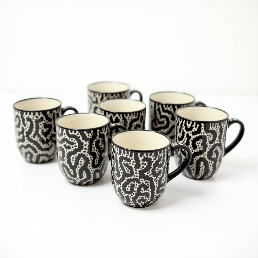 Collection of ceramic mugs with snake pattern arranged in a line. Each mug has a distinct pattern. Colors are black and white. Bright lighting highlights texture and ceramic finish.