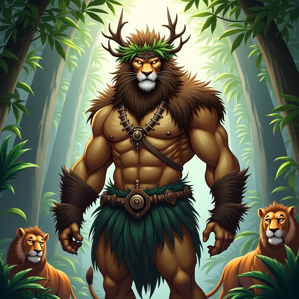 Humanoid character as the 'King of the Jungle.' Character has a crown made of vines, leaves, and animal bones. Muscular body mixes human and animal traits, with lion-like fur and glowing eyes. Wears animal pelts and ornate accessories. Jungle setting is lush, with lions and tigers nearby. Character stands tall and commanding, exuding authority and wisdom.