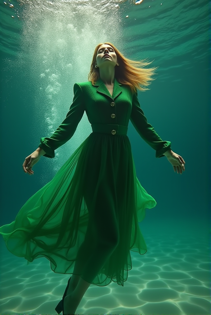 A woman in a green dress floats gracefully underwater, surrounded by bubbles and light rays.