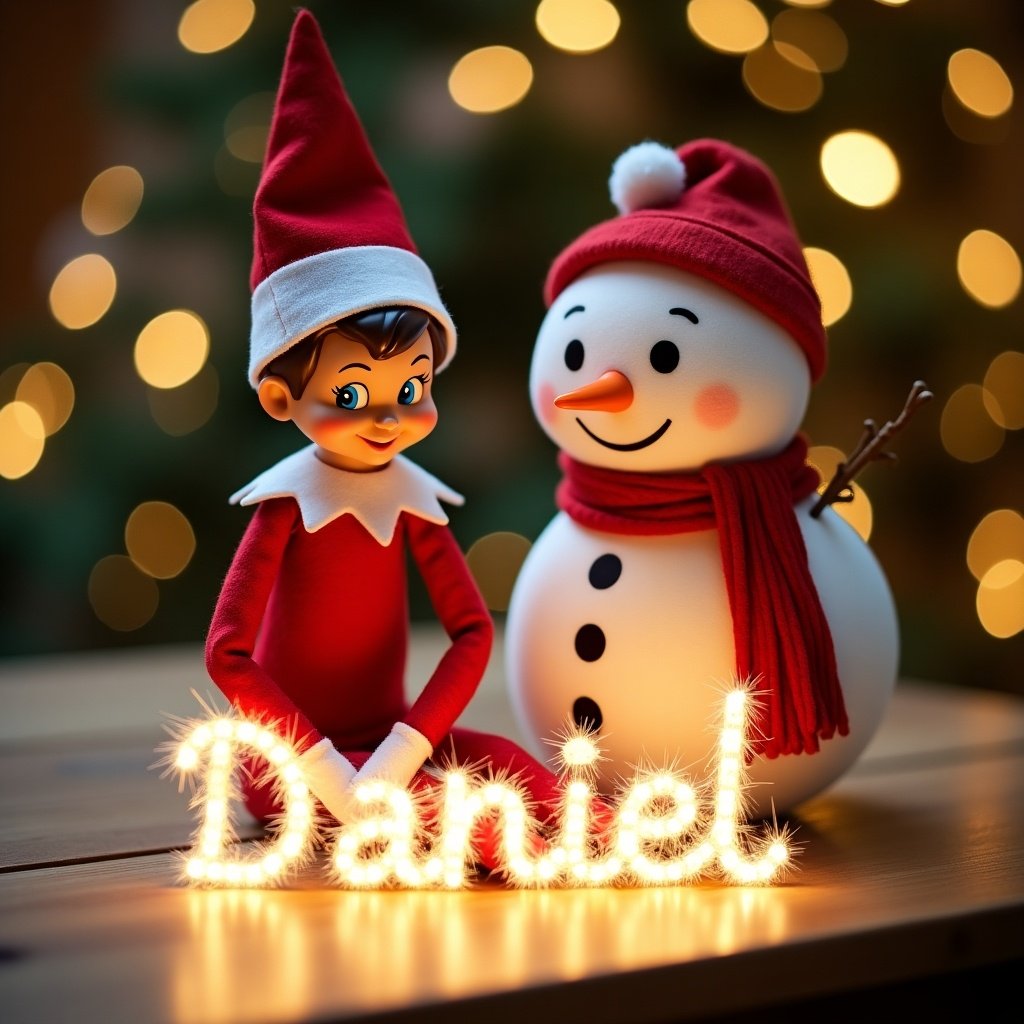 Cheerful elf on the shelf with snowman. Characters play during Christmas. Wooden table with twinkling lights. Elf wears red and white. Snowman has friendly smile with red scarf. Scene captures holiday spirit.