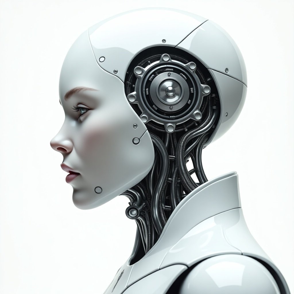 Profile of a humanoid robot. Robot has a sleek white exterior. Inner circuitry is visible. Intricate details are present.