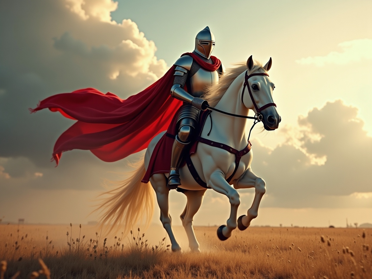 The image portrays a knight wearing shining armor, complete with a flowing red cape, riding a proud white horse. The setting is an open field, hinting at a war zone with a dramatic sky behind. The knight’s expression conveys determination as he gallops forward, ready for battle. Surrounding him is a slightly blurred landscape, emphasizing motion and urgency. The lighting casts a golden glow, highlighting the knight and horse, creating a striking visual of bravery and nobility.