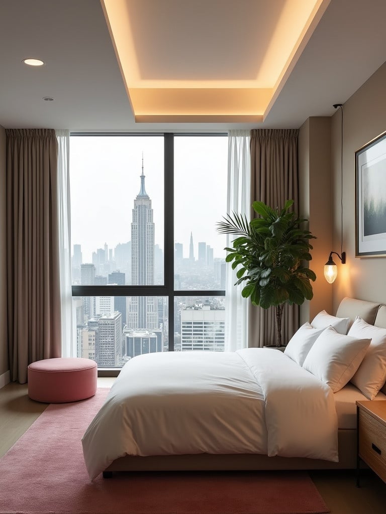 Interior of a cozy bedroom with white linens on the bed. Large window shows high-rise buildings. False ceiling with recessed lights. Pink ottoman near the bed. Green plant in the corner. Wall art above the bed. Warm lamps light the room.