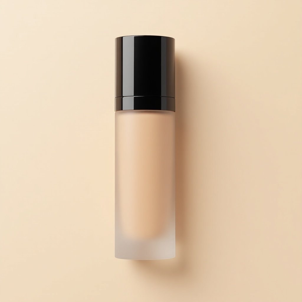 Luxury brand foundation bottle. Sleek and minimal design emphasized. Clear view of bottle and packaging.