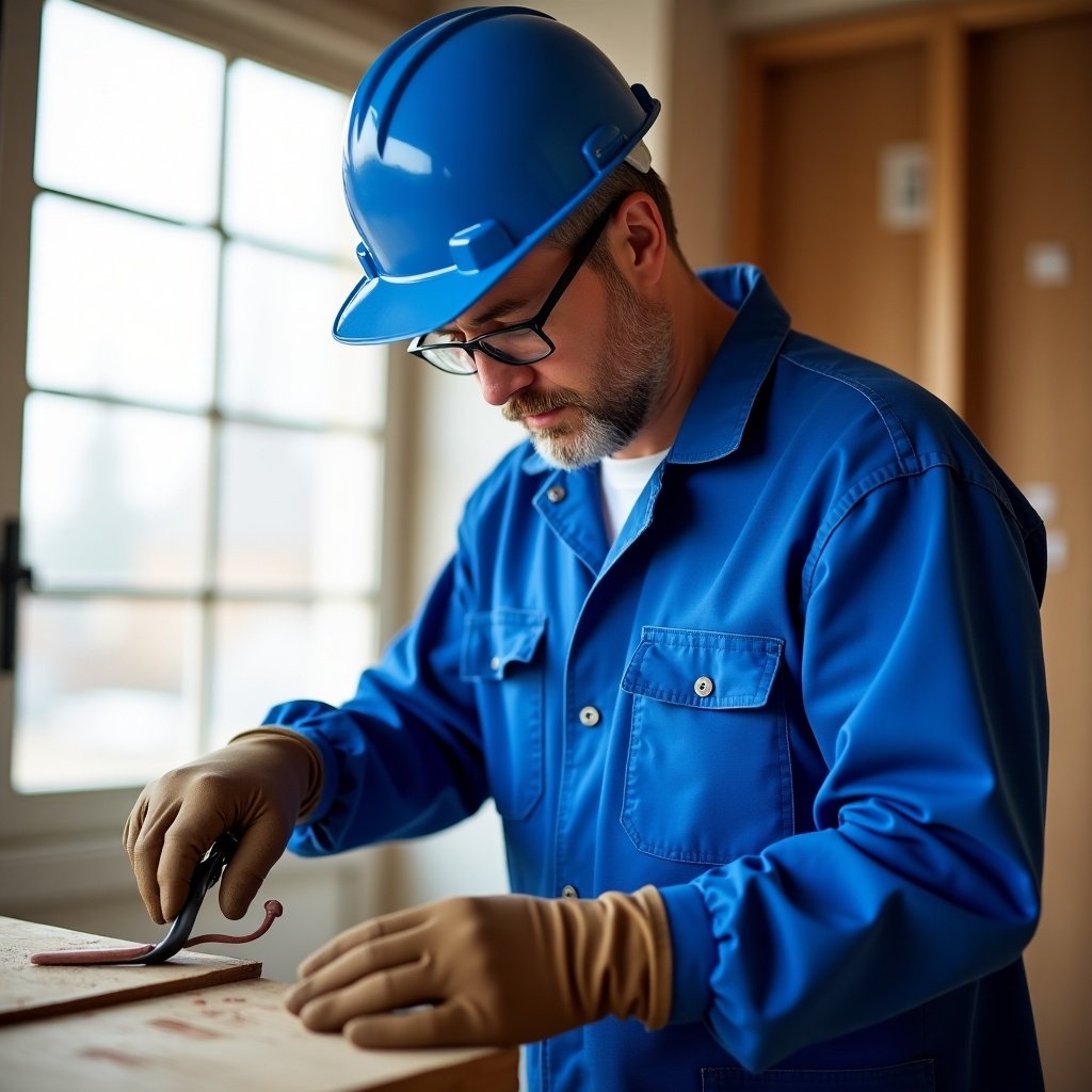 A blue collar worker is wearing royal blue coveralls and using tools on a construction site. PVC brown gloves are on the hands. Natural light from a window illuminates the scene.