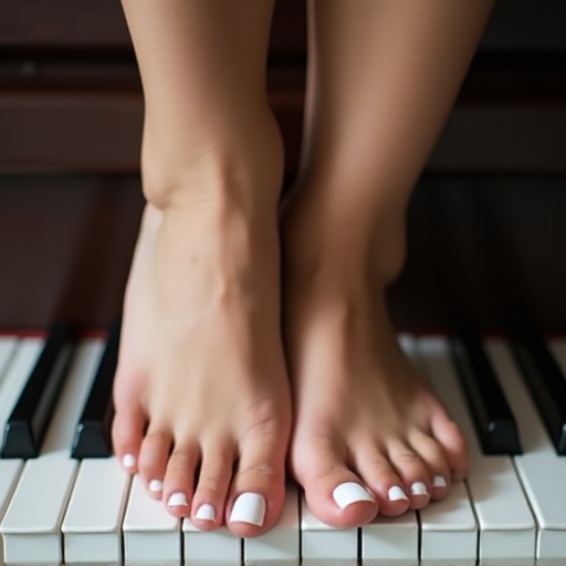 Image shows a young woman's feet with white toenail polish. Feet positioned on piano keys. Close-up view captures the details of polished toes.