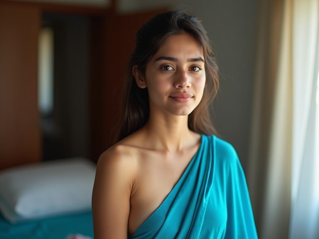 A young woman sits in her bedroom, wrapped in a blue saree. She has a natural and fresh look, suggesting she just woke up. Soft morning light filters through the window, enhancing her fair skin tone. The background features a cozy bedroom setting with neutral colors. She's smiling gently, embodying a sense of tranquility and warmth.