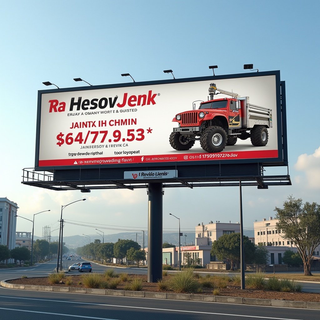 A large billboard advertisement for a company. The billboard has a red and white color scheme. The company name 'Ra Hesov Jenk' is prominently displayed in both Amharic and English. A photo of a red truck is featured. Below the truck, a major service list is included with pricing details. The billboard also shows the company's address and a QR code linked to the company website. Additionally, it mentions the design credit at the bottom.