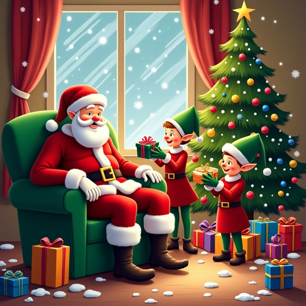 A warm festive Christmas scene. Santa Claus sits in a green chair. Cheerful elves prepare gifts. The room features a decorated Christmas tree. Snow falls outside the window. Colorful presents are scattered around.