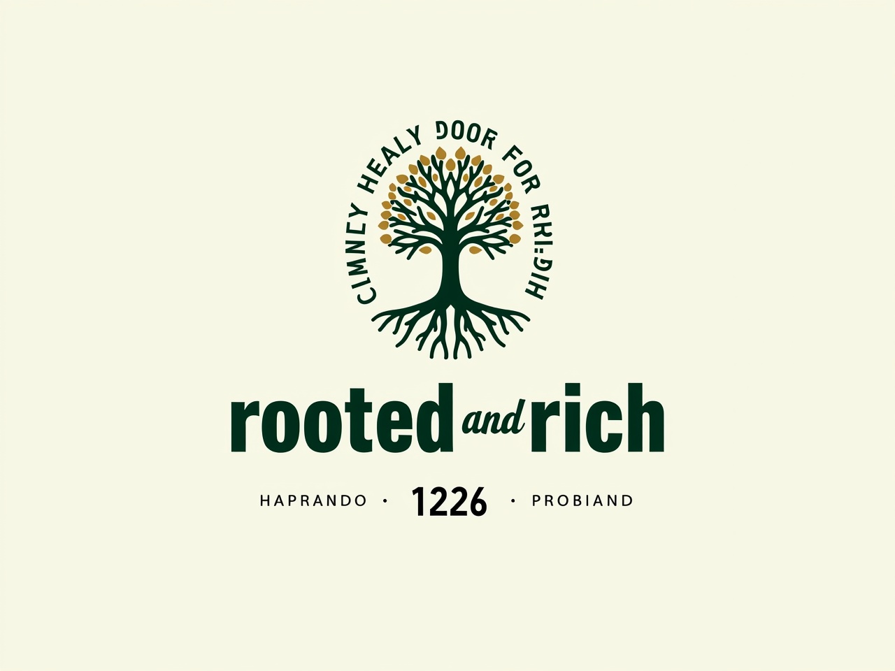 Update the logo design for 'Rooted and Rich' by removing all text wrapped around the border of the tree symbol. Focus on the tree and its roots, keeping the center text prominent. Ensure that the remaining text is evenly spaced and seamlessly integrated within the overall design. Below the word 'Rich,' add the numbers '1226' in a clean, modern font that complements the aesthetic. Maintain the existing color palette of deep greens and golds to retain a polished and professional look.