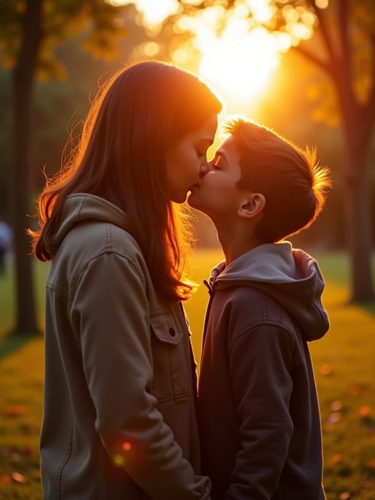 A girl and boy kiss in a park at sunset. The warm light envelops them. The scene is peaceful.