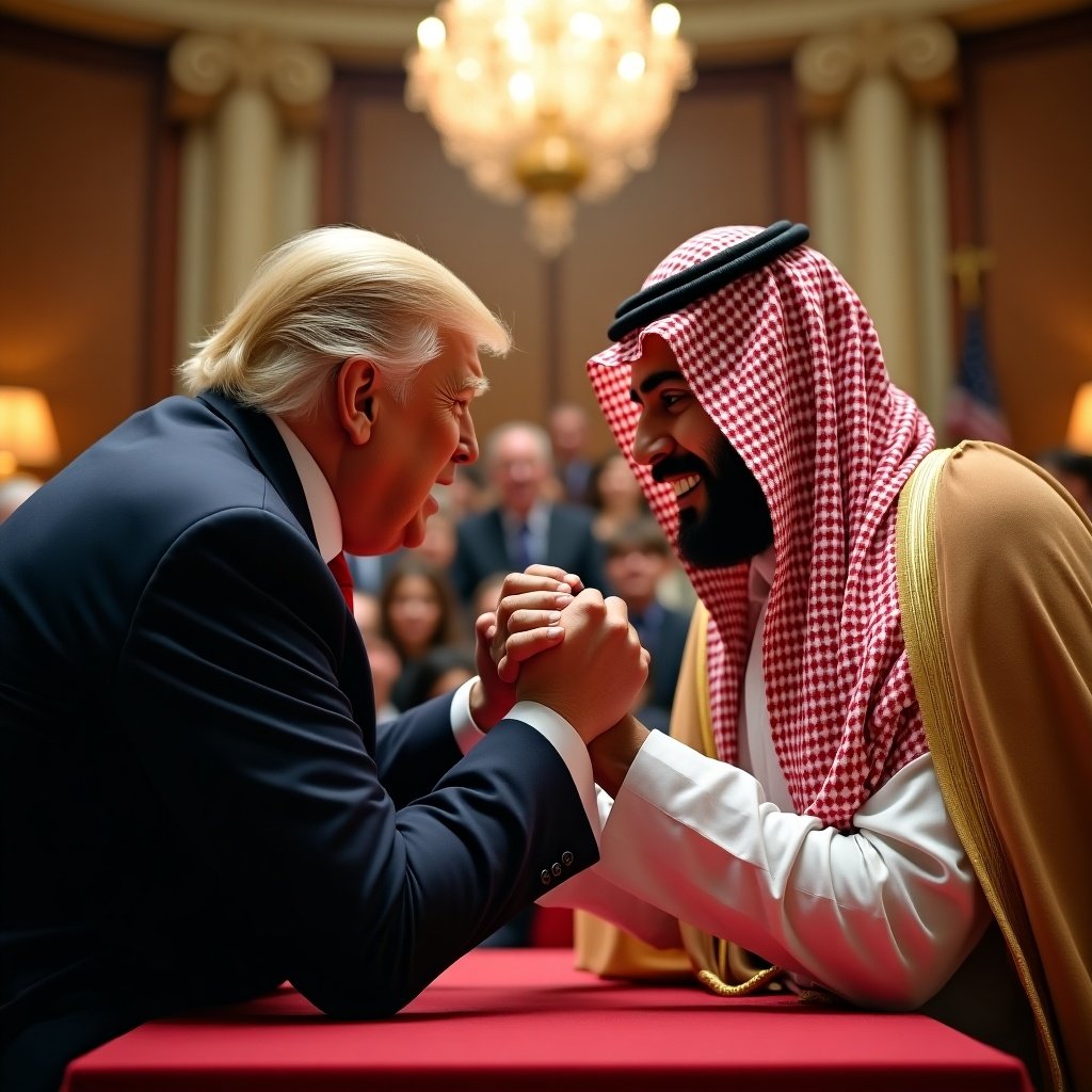 Image depicts a competitive arm wrestling scene between two men. One man has blond hair and wears a dark suit, while the other wears traditional Middle Eastern attire. The setting has elegant decor and warm lighting.