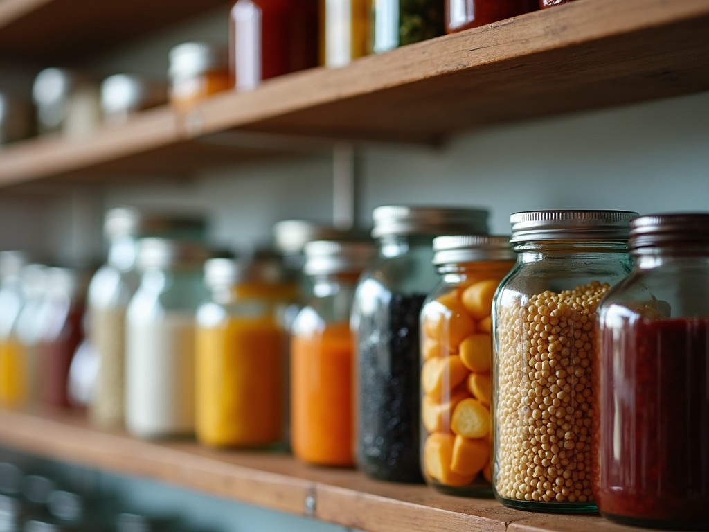 A collection of pantry jars filled with various food items, neatly organized on wooden shelves, showcasing a rustic and well-organized kitchen pantry.