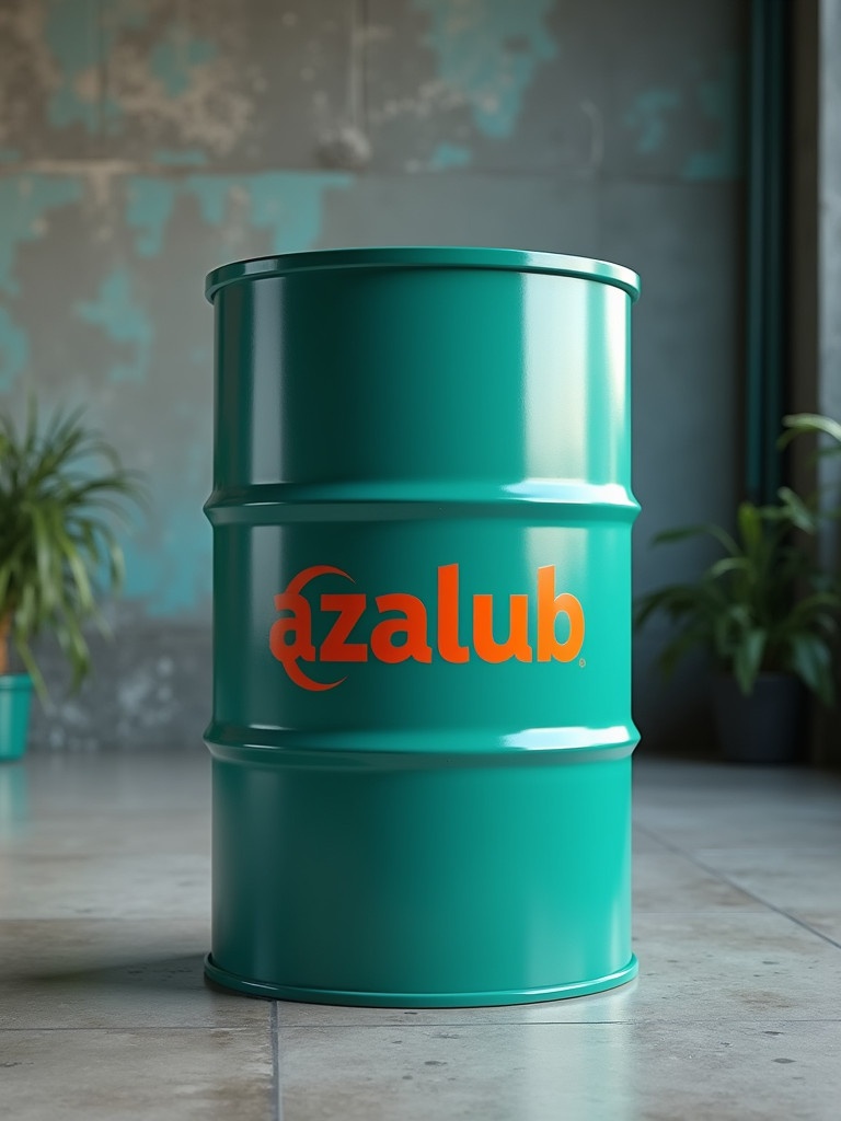 A turquoise oil barrel with an orange AZALUB logo. The background features an industrial theme with plants and a textured wall. A chart is placed beside the barrel highlighting its product characteristics.