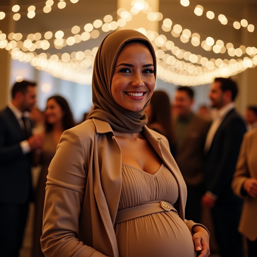 Stylish pregnant woman in brown hijab appearing joyful at wedding celebration. Elegant attire captured in a vibrant atmosphere with soft lighting.