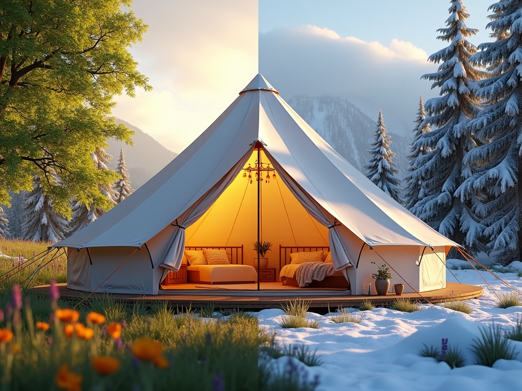 This image depicts a luxurious tent split between two contrasting seasons, showcasing summer on the left and winter on the right. Lush green grass and blooming wildflowers contrast with a snowy landscape, highlighting the cozy interior of the tent, which is warmly lit and includes a comfortable setup with a bed and potted plants. This juxtaposition of seasons in one image evokes a sense of tranquility and the allure of glamping in any weather.