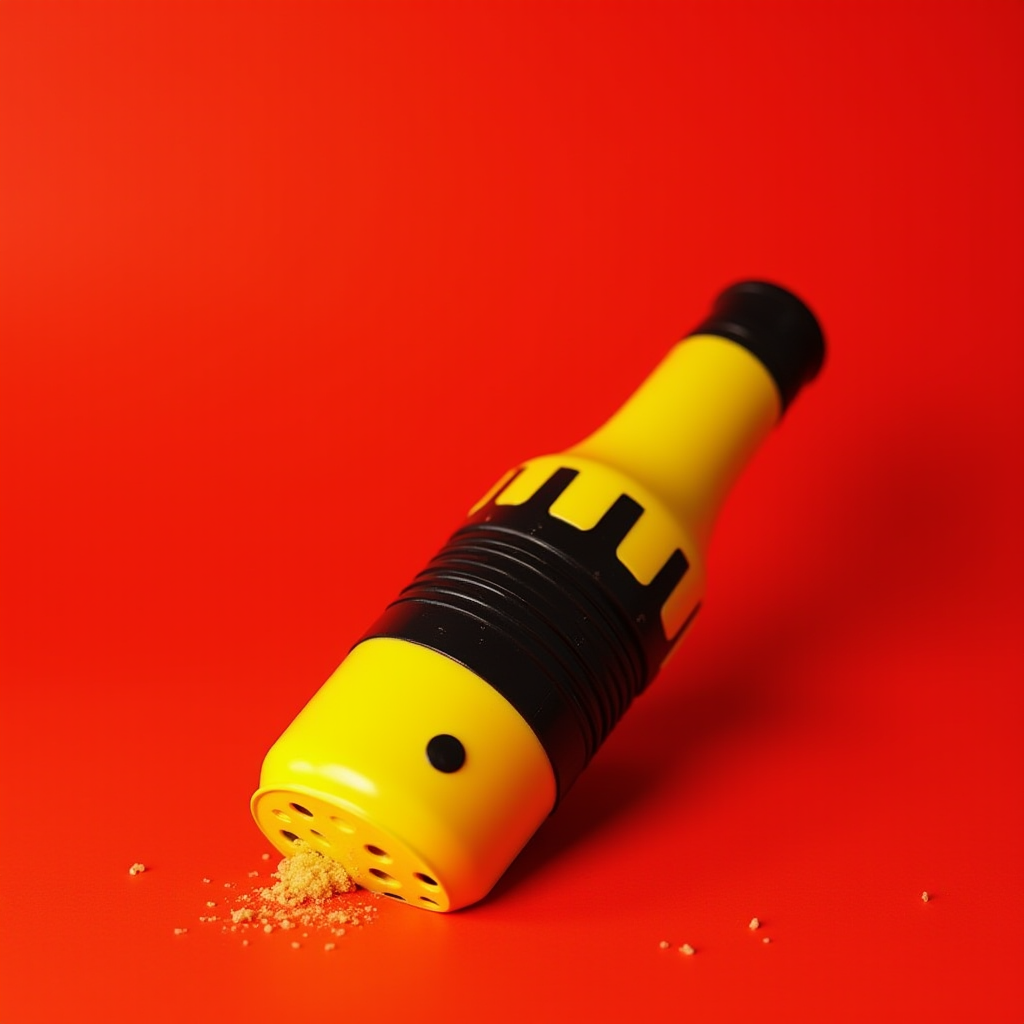 The image features a vibrant yellow and black device resembling a spice shaker, placed on a striking red background. The design is modern and sleek, suggesting a high-tech gadget. The shaker is tilted on its side, with small granules spilling from its perforated end onto the surface, adding a dynamic element to the composition. The bold colors and stark contrast create a visually engaging and contemporary look, highlighting the object's unique styling and functionality.