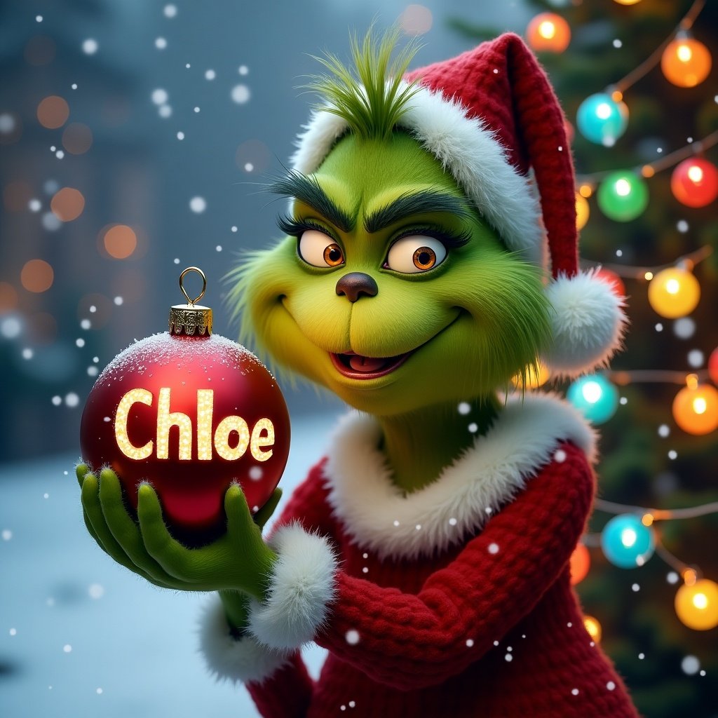 The Grinch holds a Christmas bauble with the name Chloe. Snow falls in the background with colorful Christmas lights.