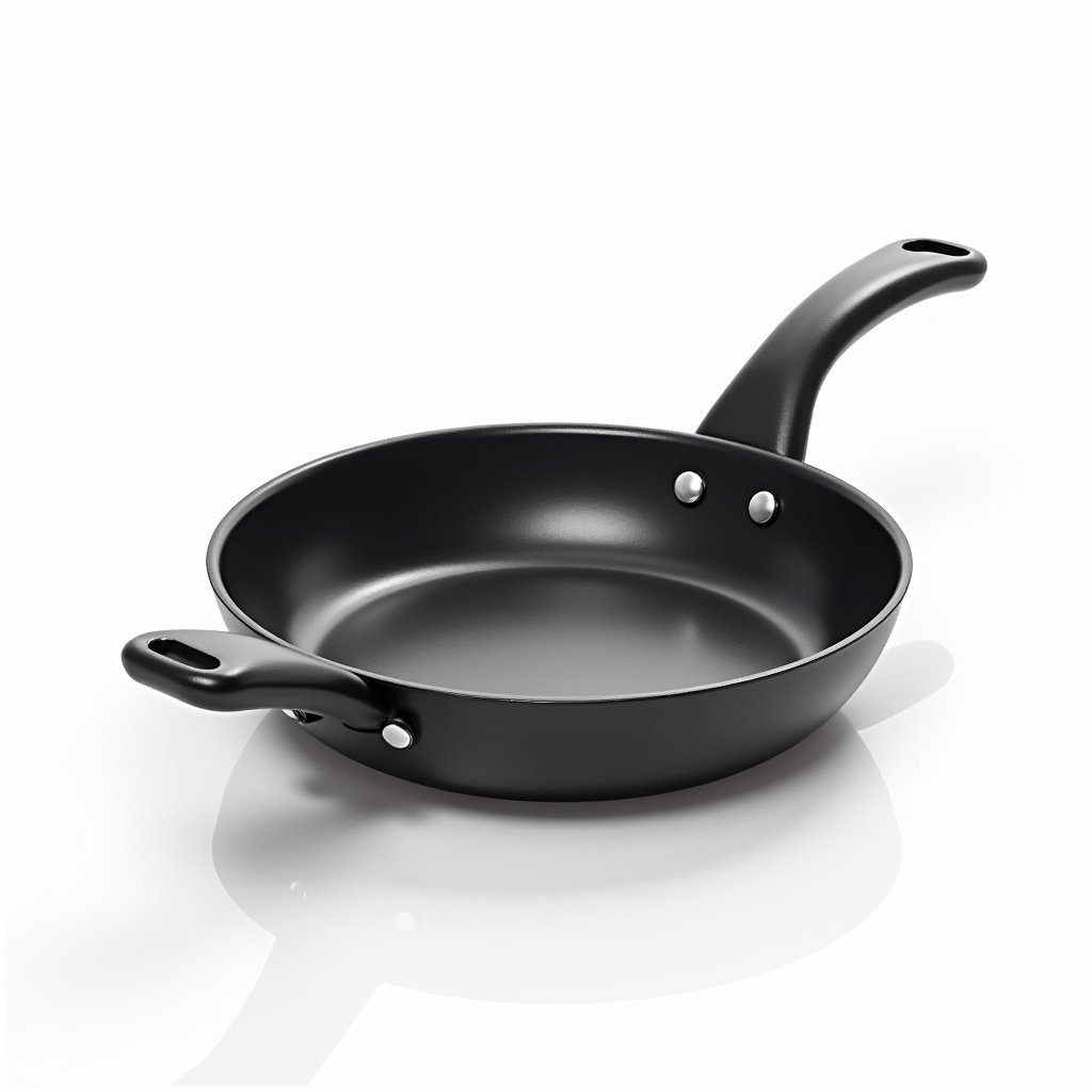 Hyper-realistic frying pan with non-stick surface and two long, identical handles resembling classic frying pan handle of 🍳 emoji. Handles positioned on opposite sides, extending outward symmetrically. Design creates surreal yet functional aesthetic with perfectly aligned handles. Bright white background emphasizes unique details and craftsmanship.