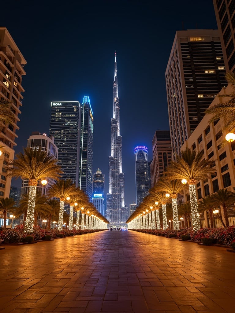 Night view of Dubai with festive decorations. Palm trees aligned along a pathway. Burj Khalifa illuminated at night. Modern skyscrapers surrounding the area. Colorful lights enhancing the holiday spirit.