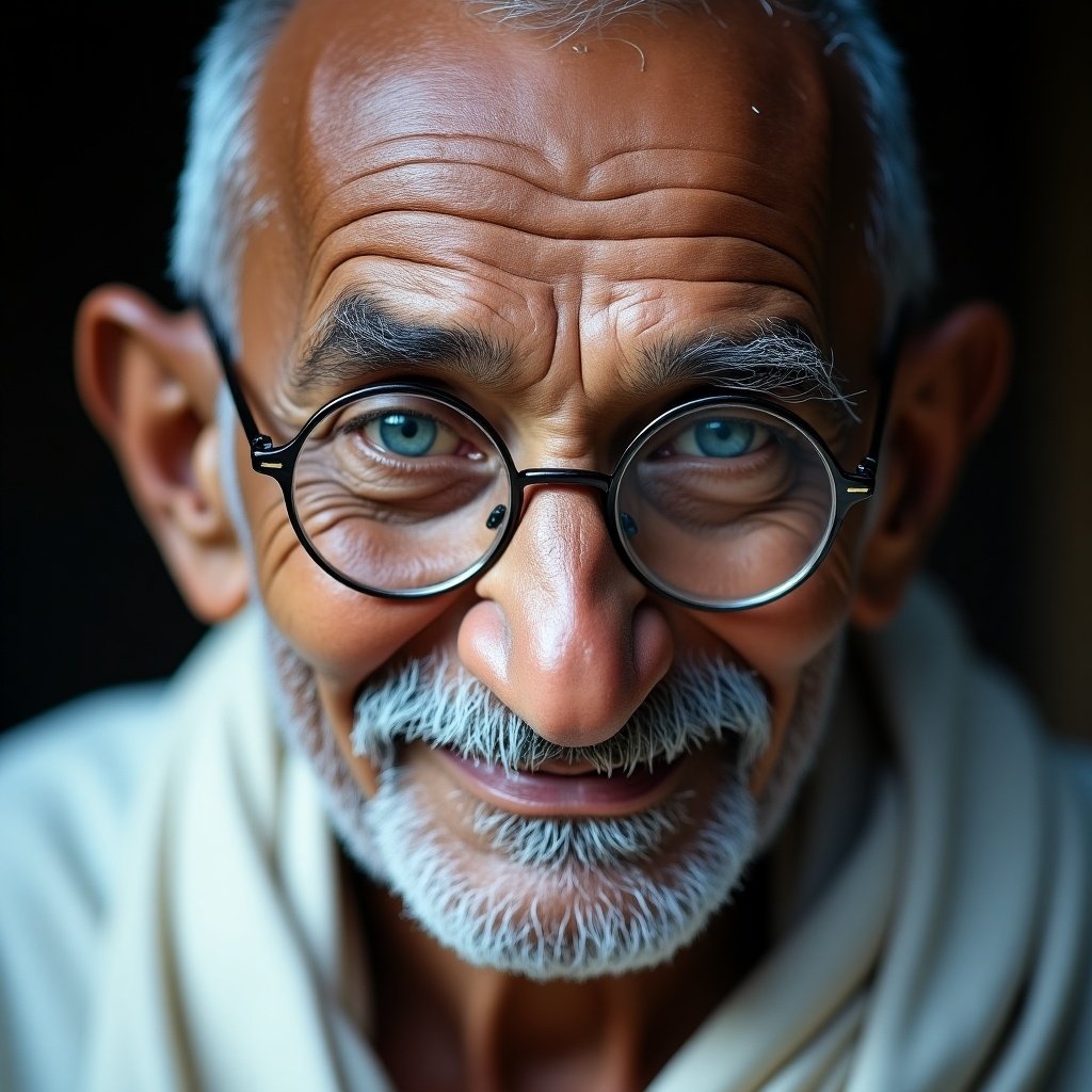 This image is a close-up portrait of an elderly man with gray hair and glasses. He has light blue eyes and a warm smile that captures the viewer's attention. The background is softly blurred to emphasize the subject. The lighting is diffused, creating a gentle glow on his face, enhancing the details of his expression and wrinkles. This photograph reflects a journalistic style, highlighting a culturally significant figure reminiscent of Gandhi. The focus is centered, providing an intimate look at the subject's character and wisdom.