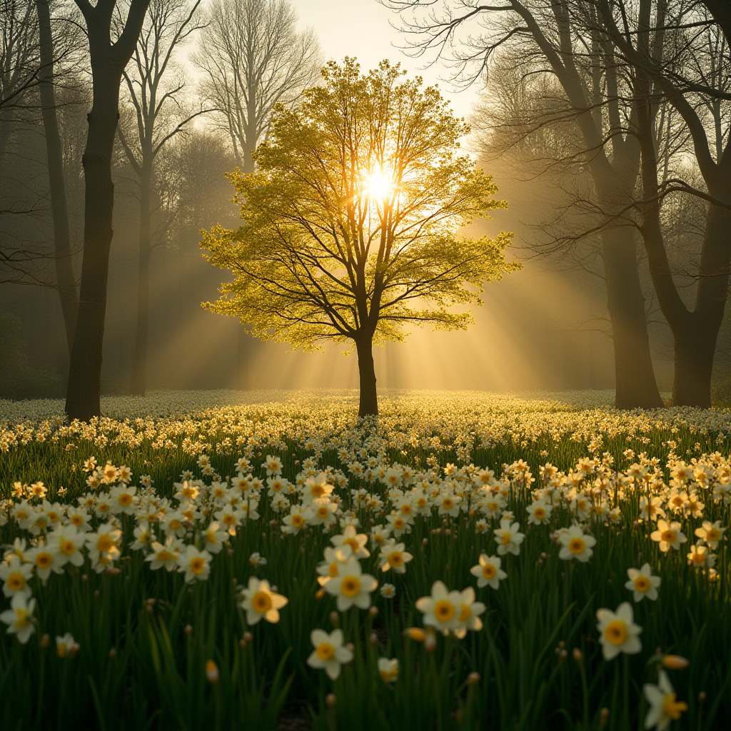 A tree stands in a field of white flowers with sunlight shining through its branches in a peaceful forest setting.