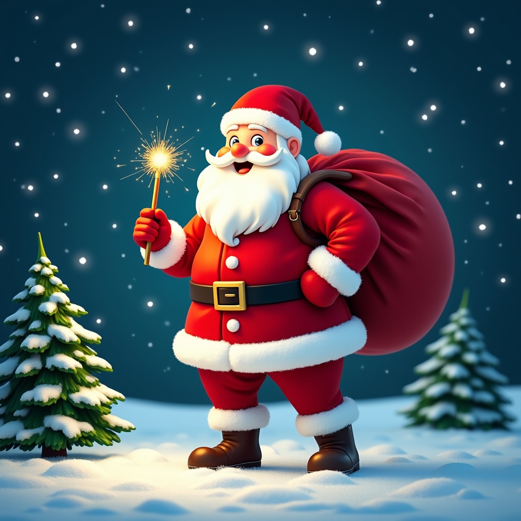 The image features a cheerful Santa Claus standing in a snowy landscape. He has a large red sack slung over his shoulder and is holding a sparkly wand. Santa is dressed in his traditional red and white outfit, complete with a belt and boots. Behind him, the night sky is illuminated with twinkling stars. Pine trees dot the snowy ground, encapsulating a festive winter atmosphere.