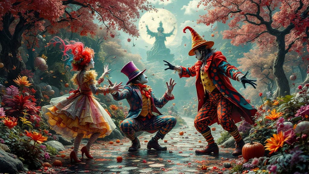 Colorful surreal scene includes whimsical characters engaging in playful interaction surrounded by autumn foliage and vibrant flowers