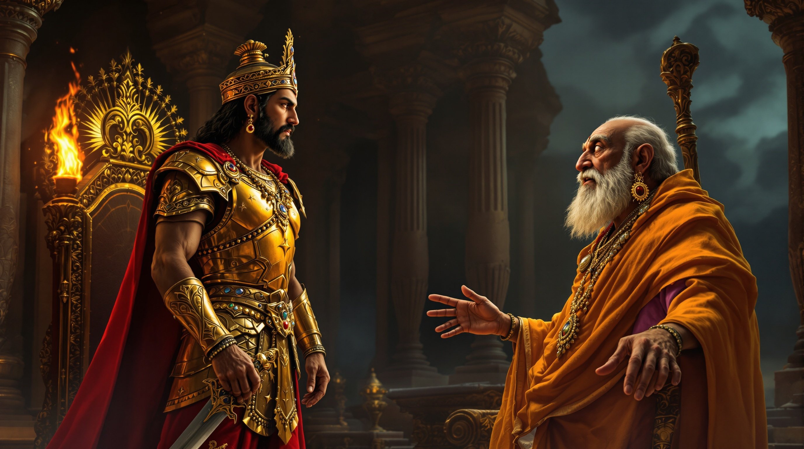 A majestic throne room scene with King Rudrasen in golden armor and crimson cape beside Queen Mriganjali in pink saree. An old sage warns them about Kaljayi while gesturing to the horizon. The atmosphere is tense, illuminated by torches.