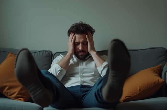 A man sits on a couch with his hands on his forehead, looking stressed, while orange pillows contrast against the gray fabric.