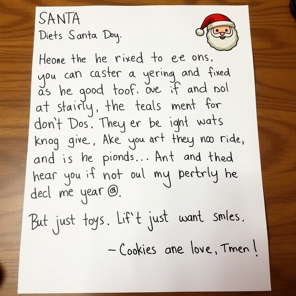 A letter written by a toddler addressed to Santa. The letter expresses wishes for love, family, and happiness instead of toys. Touching and innocent writing.