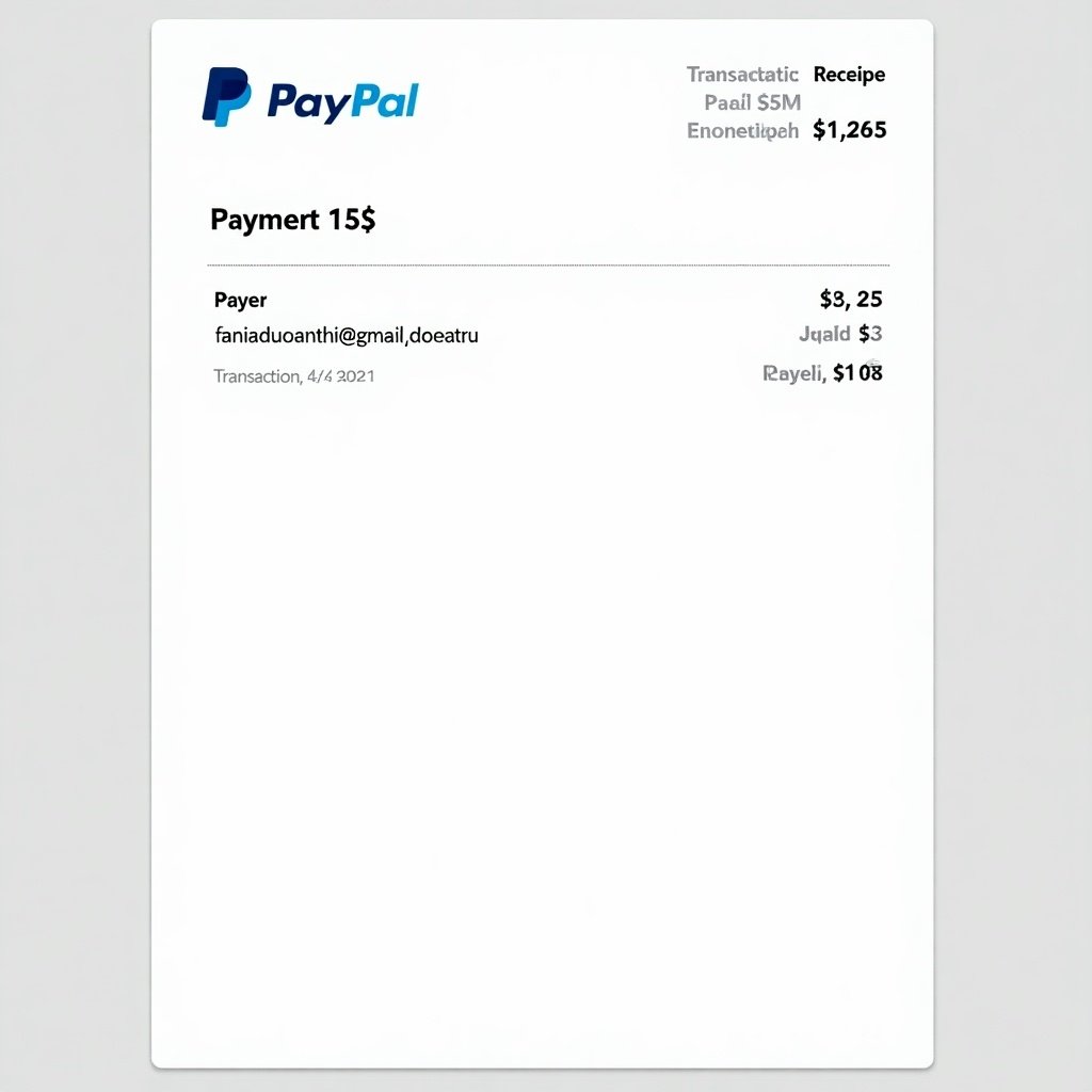 PayPal payment receipt showing a transaction for 15$ to a specified email. Document includes logo, payer details, transaction amount, and transaction number. Clean design for online payments.