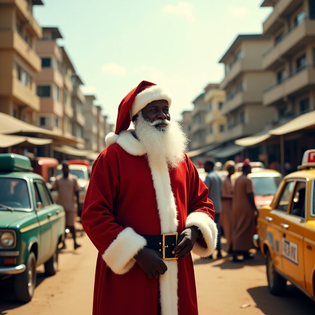 Scene featuring Father Christmas unexpectedly in a busy market in Lagos. Bright and colorful settings with people and taxis. Santa attire visible. Sunny day atmosphere.