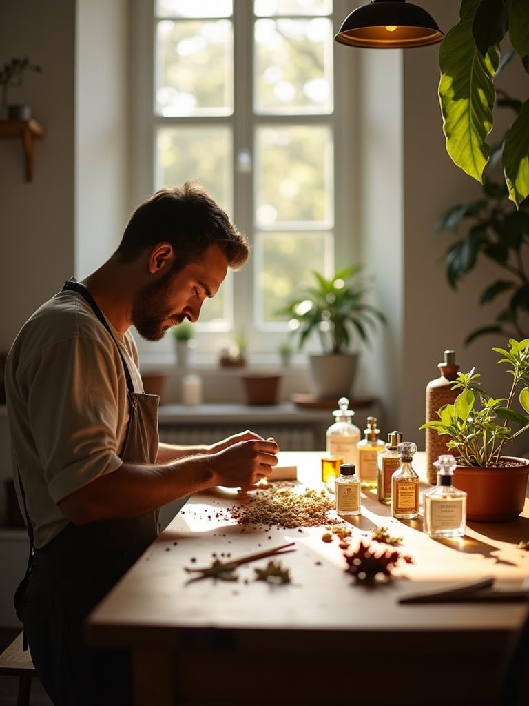 A bright and inviting perfume workshop showcasing craftsmanship and sustainability. An artisan works with high-quality natural ingredients such as fresh flowers, spices, and essential oils. Surrounded by artisan tools like glass bottles and pipettes, there are visual elements representing innovation, like samples of new fragrances and creation notes on a wooden table. In the background, pot plants and recyclable materials reflect a commitment to responsible perfumery. Soft natural light fills the space, creating an inspiring atmosphere that represents dedication to quality, innovation, and a better future. This image captures the essence of dedication to storytelling and sustainability in every bottle.