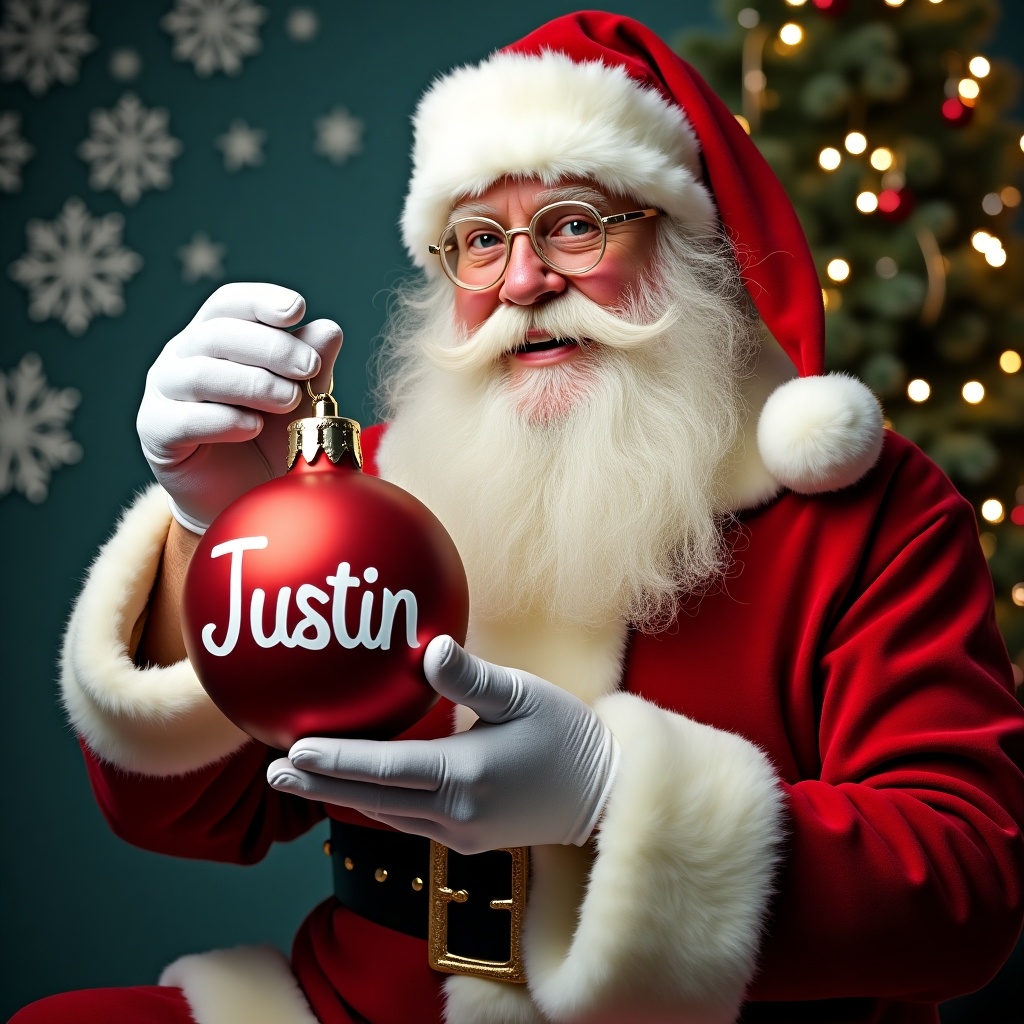 Santa Claus in festive attire. Santa is smiling and holding a Christmas ornament. The ornament has the name Justin written on it. Background features a Christmas tree with lights. Snowflake decorations are visible on the wall.