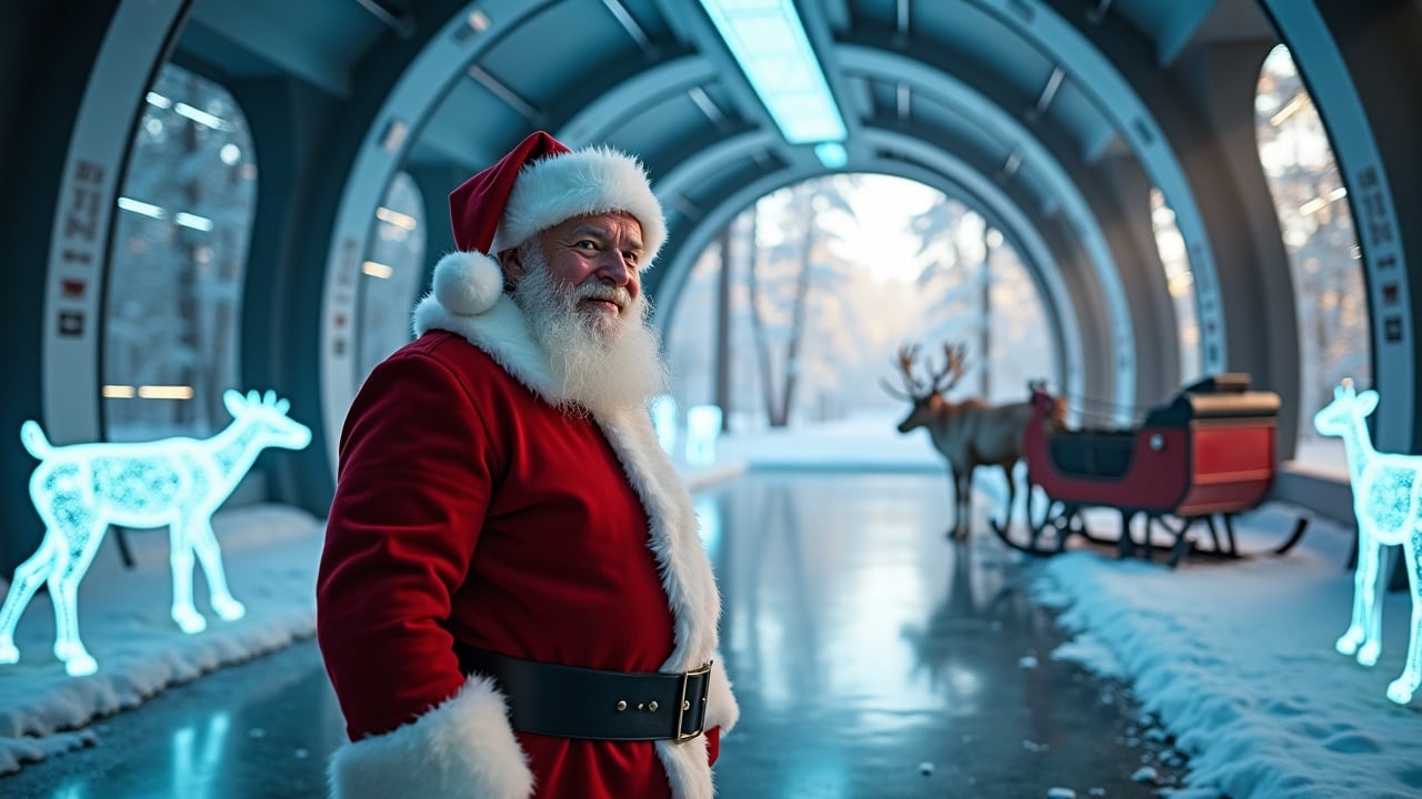 Cinematic image showcases Santa Claus in a high-tech room looking to the camera. Holographic designs add modern touch. Openings reveal snowy woods and sky. Sleigh with reindeer parked. Wide shot with Santa surrounded by glowing models.