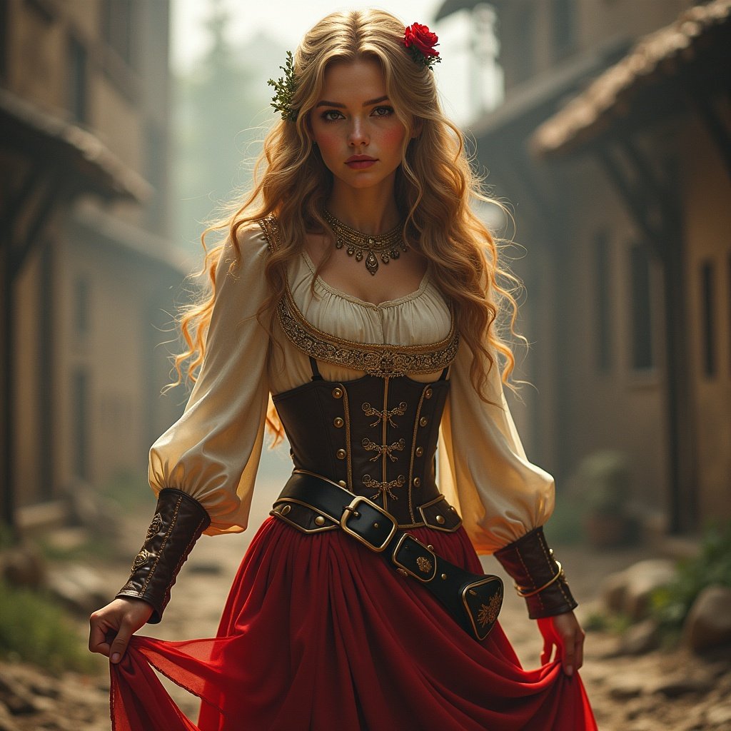 This image captures a woman in a stunning historical outfit, reminiscent of the Renaissance era. She stands gracefully in a narrow cobbled street, surrounded by rustic buildings. Her outfit features a vibrant red skirt and a fitted corset top. The soft, diffused light highlights her flowing hair adorned with flowers. There's an elegant medieval charm that invites the viewer into a bygone era.