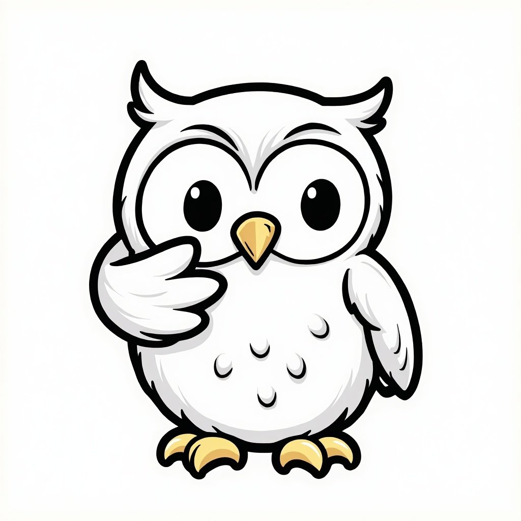 Cartoon style owl character performs a facepalm gesture using its wing. Owl has a round body with big eyes and a small beak. The design features a white plumage with yellow feet and a simple outline.