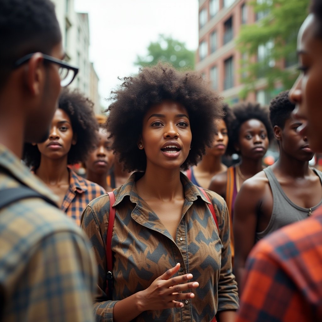 A black woman speaks passionately to a group of black young activists. The scene reflects a 1960s style and captures the essence of social activism. The group's expressions and attire reflect a common cause.