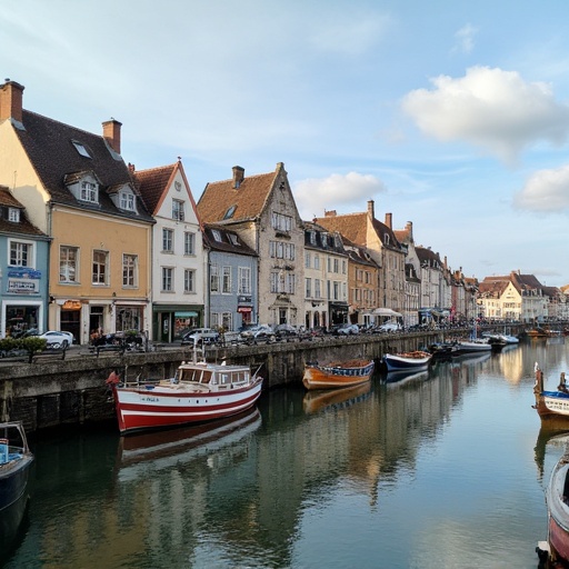 A picturesque harbor scene in Normandy with charming buildings and boats. The waterfront showcases historic architecture with a reflection in the calm water.