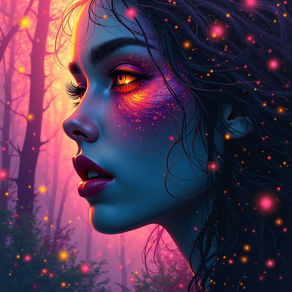 A mystical portrait of a woman with glowing eyes and vibrant cosmic sparkles, set against a magical forest backdrop.