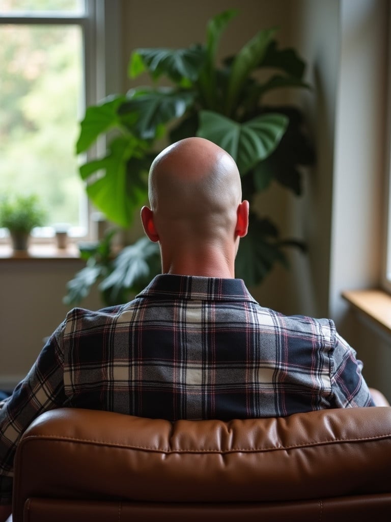 Bald man seated on sofa. View from behind wearing stylish flannel shirt. Cozy room with natural light streaming through window. Large green plant in the background for a touch of nature. Relaxation and comfort are evident.