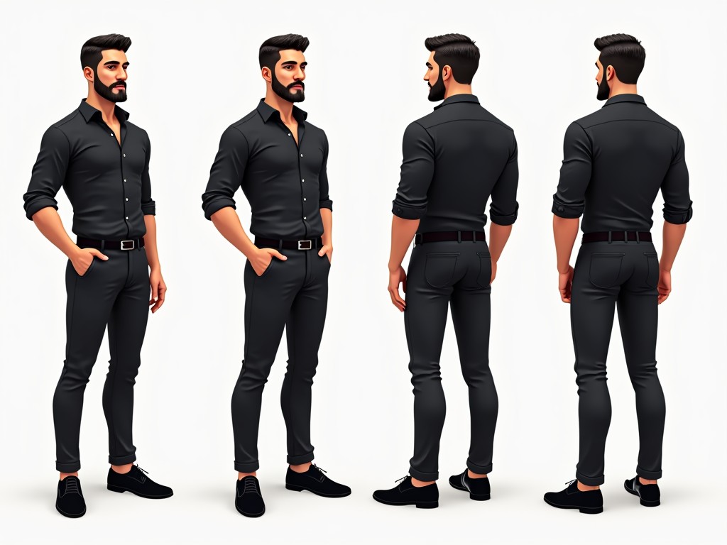 The image features a stylish male character in a black outfit. He is shown in multiple poses—front, side, and back views. The outfit consists of a fitted shirt and tailored pants, complemented by stylish shoes. The character has a well-groomed beard and a confident stance. The background is simple to emphasize the character's stylish appearance. This illustration can be used for fashion design references or character modeling.