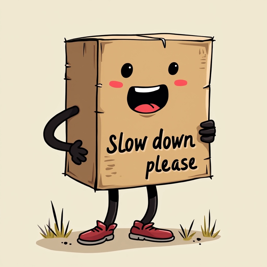 A charming cartoon illustration features a cardboard box character with a friendly smile and rosy cheeks. The character stands on a simple grassy background, wearing red shoes, holding a sign with the text 'Slow down please'. This playful image conveys a gentle reminder to take things easy.