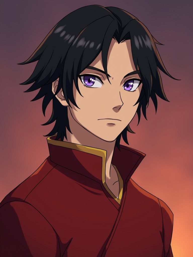 Male version of Avatar Korra character design. Character wears red clothing. Features purple eyes and black hair. Styled in anime art style. Background has a warm gradient.